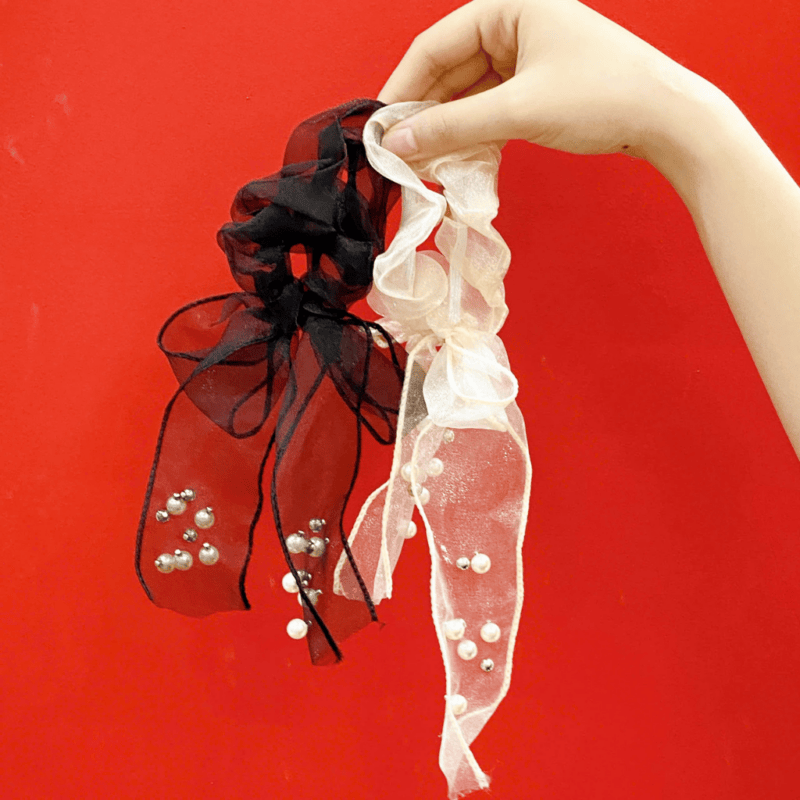 Kẹp thắt nơ organza đính cườm